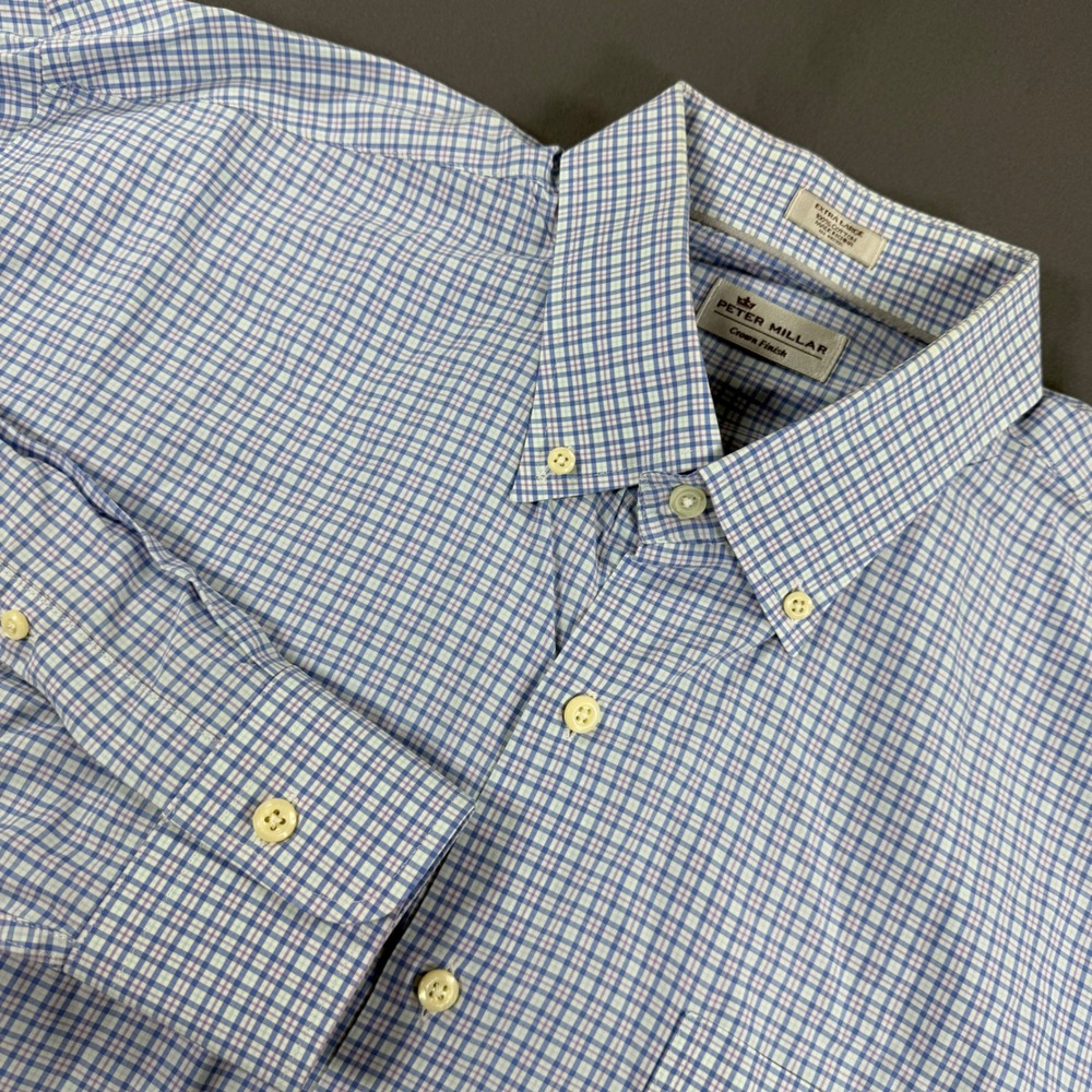Peter Millar Crown Finish Mens XL Blue Plaid Cotton Button Down MS18W12NBL